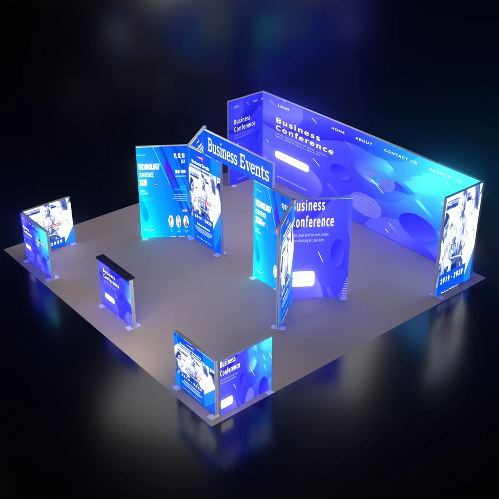 6m Backlit SEG Island Booth with Y-Walls, Header & Counter