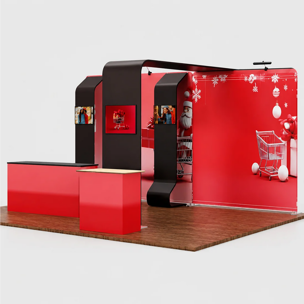 6x3m Booth Kit with 3D Wall Box, Waterfall Arches & 2 Counters
