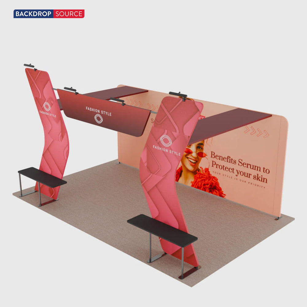 6x3m Booth Kit with 6m Backwall, V-Shape Shelving & Sign