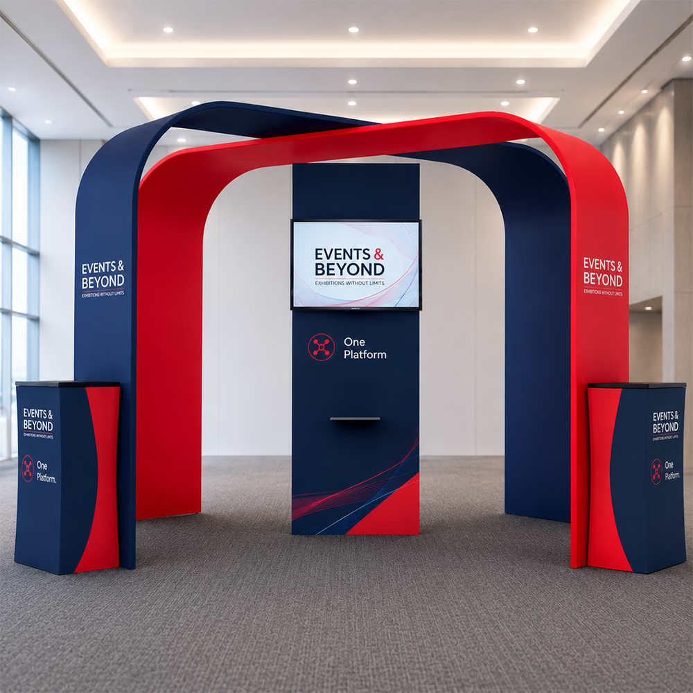 6x6m Booth Kit with S-Curve Display, Square Arches & 4 Counters