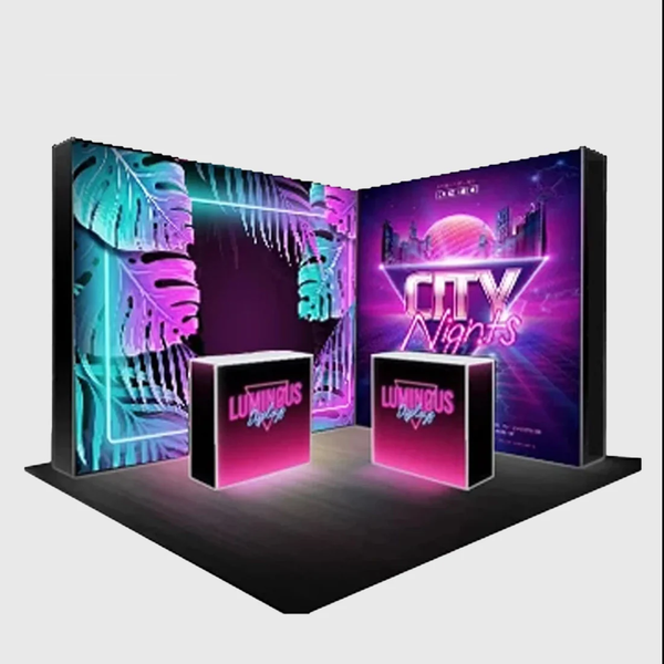 L-Shaped Illuminated Media Wall Set with Counters for 3x3m Booths