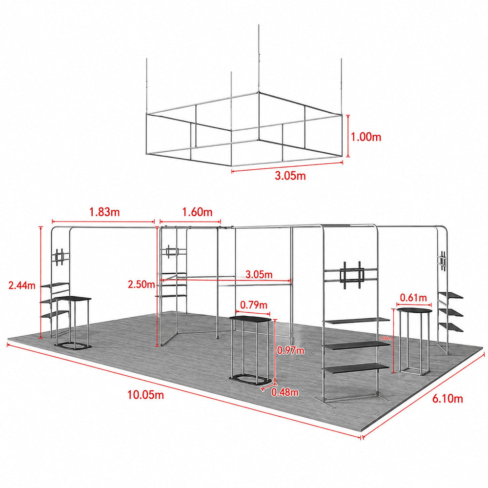 9x6m Island Booth Kit with Hexagon Lounge Shelving & 4 Counters