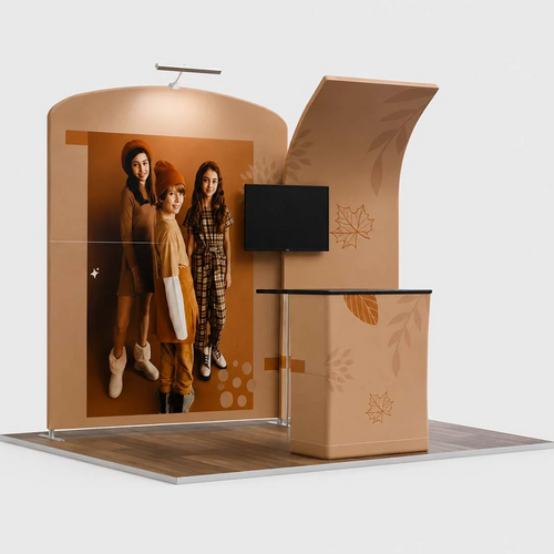 3x3m Booth Kit with Curved Wall & Sloped Arch, Counter & TV