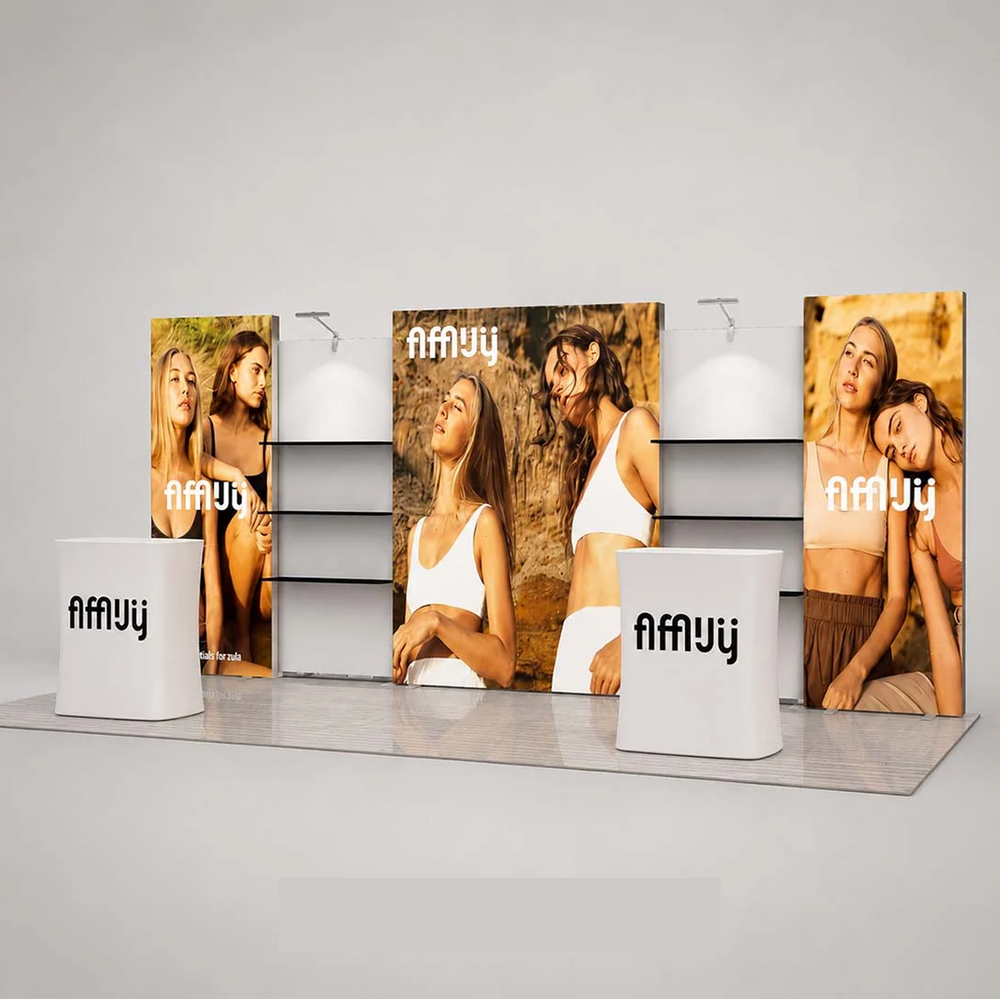3x6m Triple Backlit SEG Booth Kit with Shelving & LED Counters
