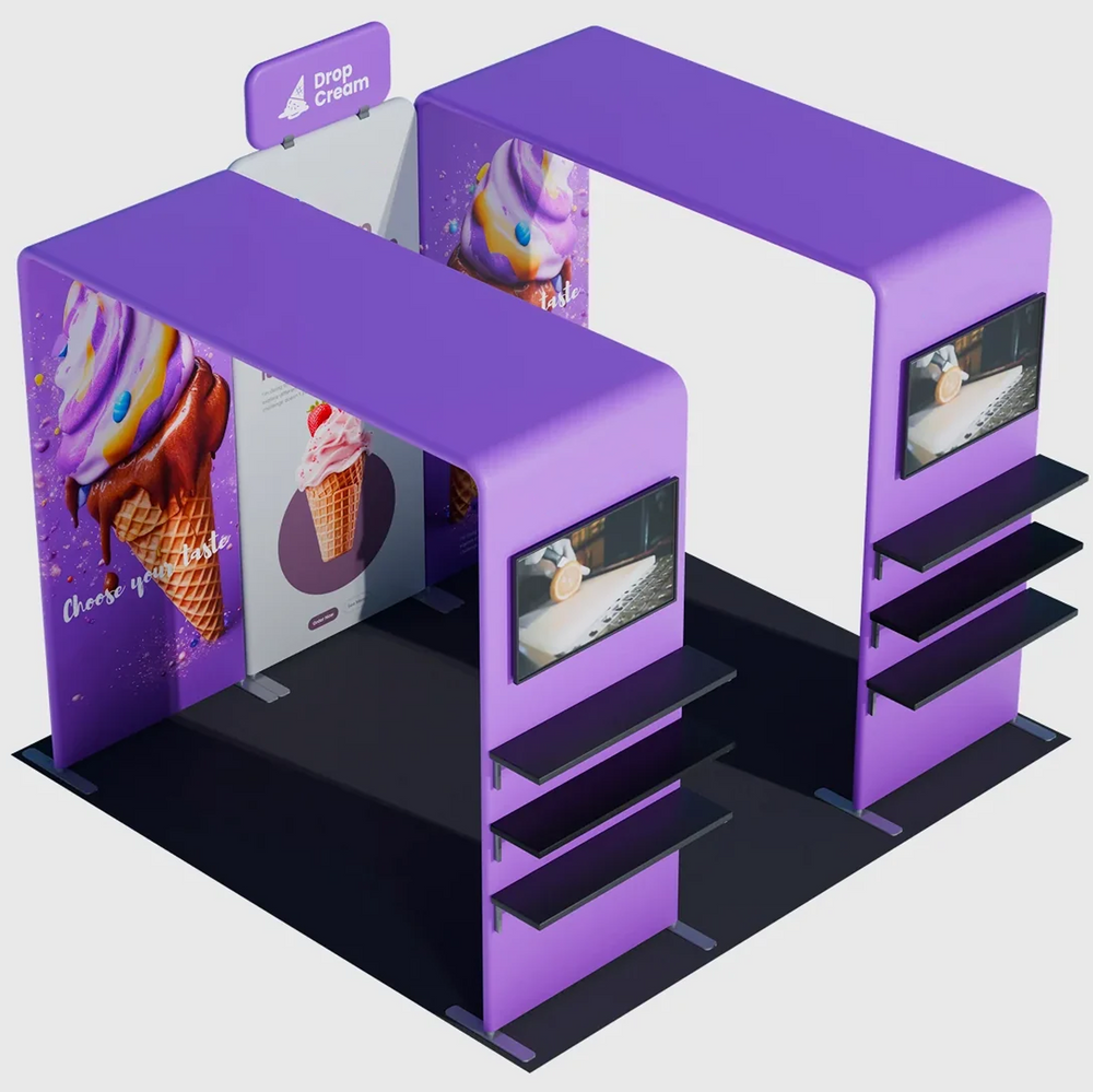 3x3m Booth Kit with Twin Square Arches, Shelving & TV Mount