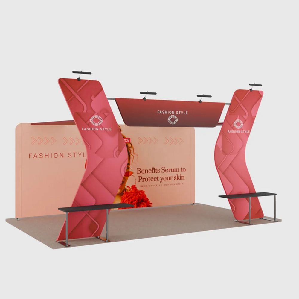 6x3m Booth Kit with 6m Backwall, V-Shape Shelving & Sign