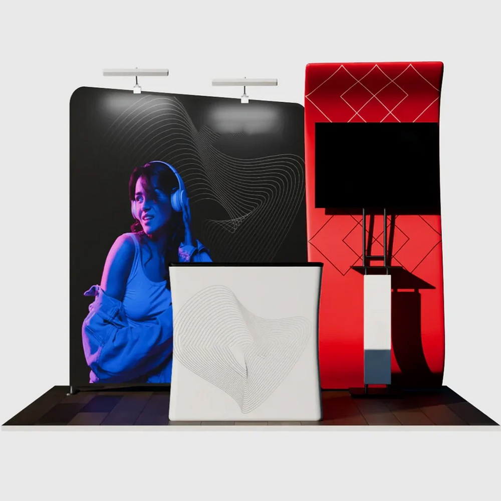 3x3m Booth Kit with S-Curve Panel & Inclined Wall, Counter & TV