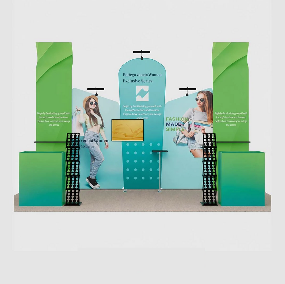 3x6m Booth Kit with Inclined Walls, 3D Shelf Stands & 2 Counters
