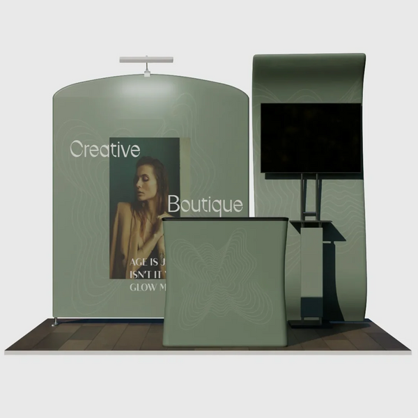3x3m Booth Kit with S-Curve Wall & Sloped Arch, Counter & TV
