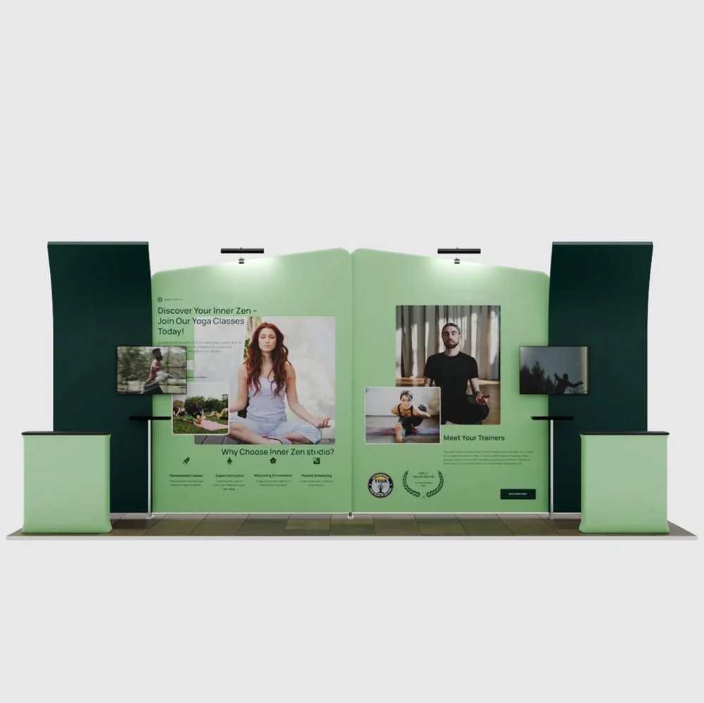 6x3m Booth Kit with Inclined & Curved Walls, 2 Counters & TVs