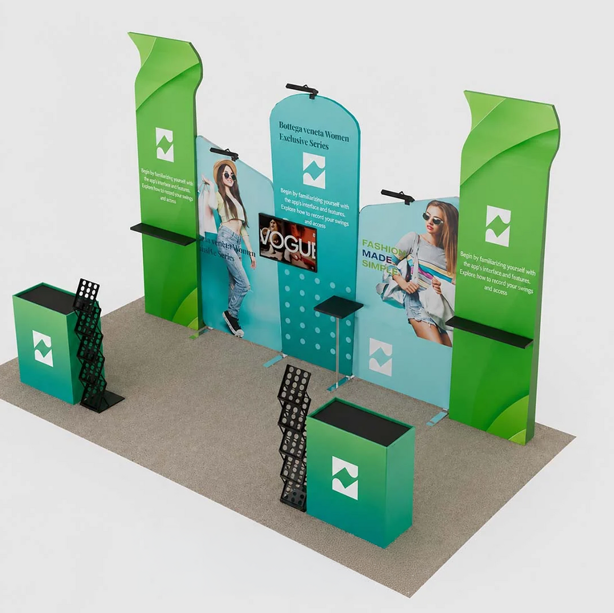3x6m Booth Kit with Inclined Walls, 3D Shelf Stands & 2 Counters
