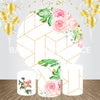 White Background with Pink Roses Event Party Round Backdrop Kit