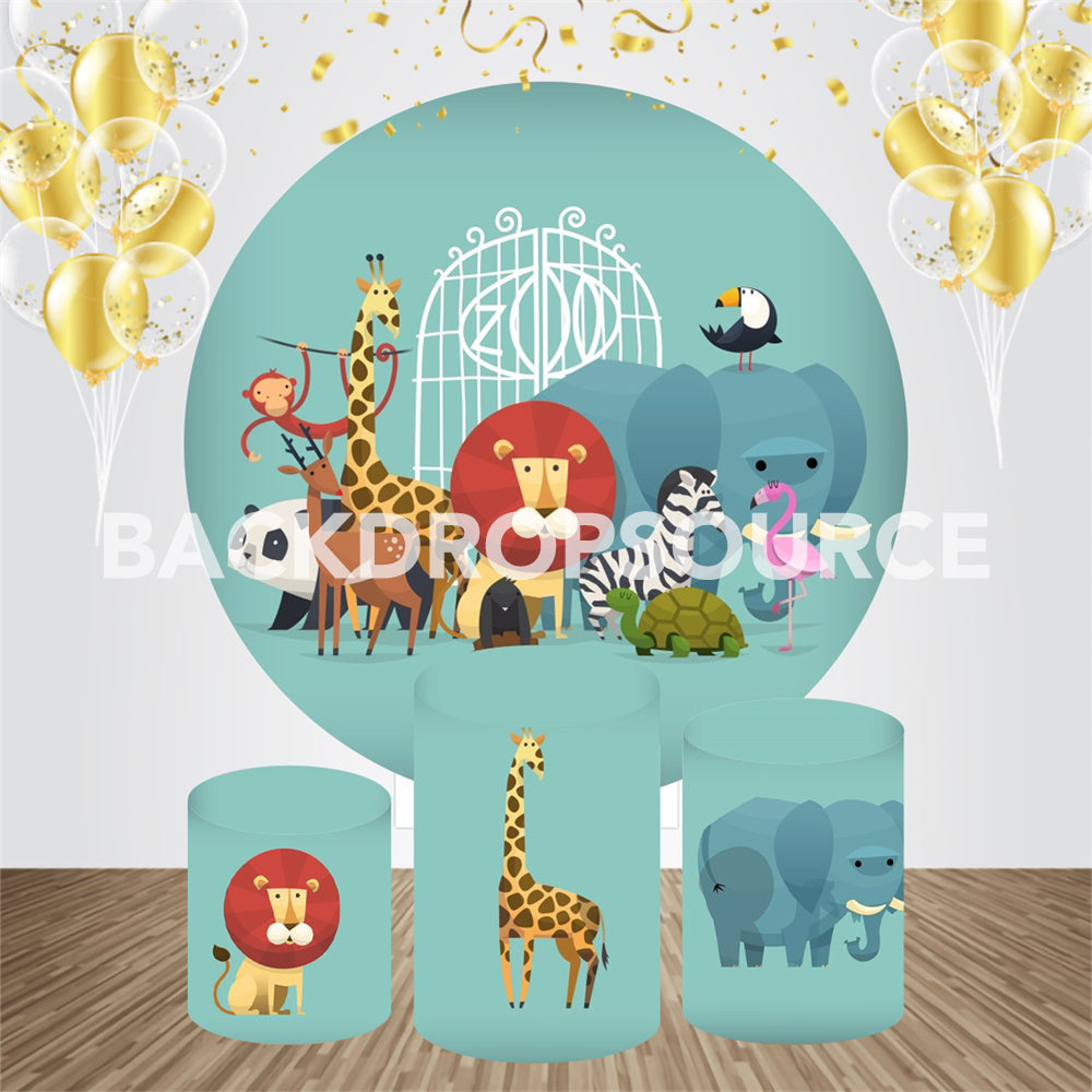Cartoon Zoo And Animal Themed Birthday Event Party Round Backdrop Kit